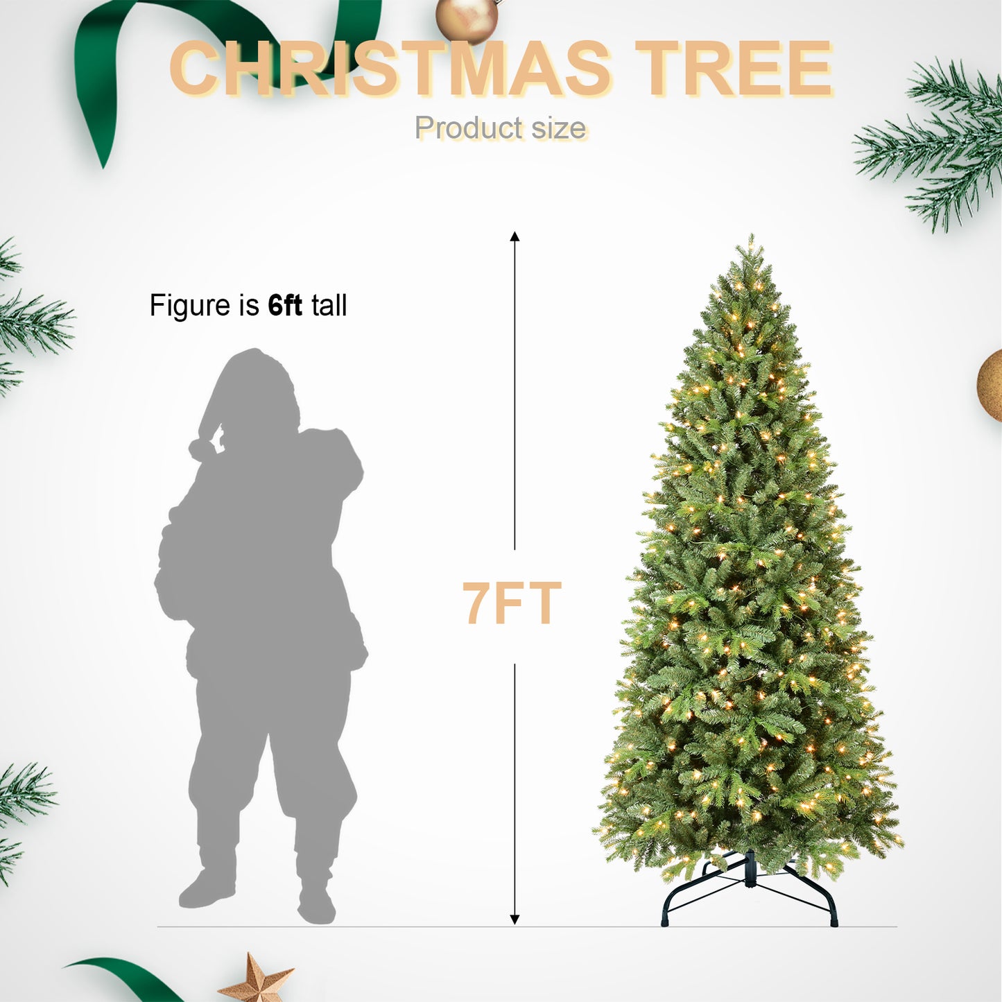 9Ft Pre-Lit Slim Christmas Tree, Green, Fir Xmas 'Feel Real' Artificial Tree, White Lights, Metal Hinged, Foldable Base