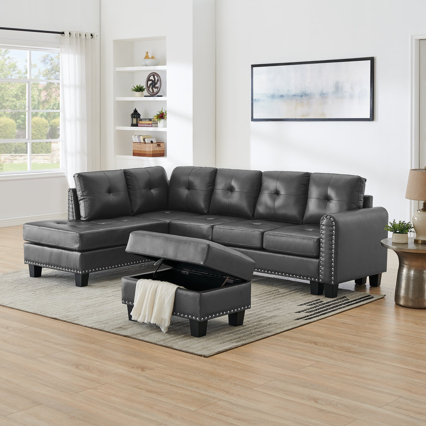 [SantaChoice] Sectional 3-Seaters Sofa , reversible recliner, Storage pad and wood grain cup holder, Non-slip leg, pu, grey