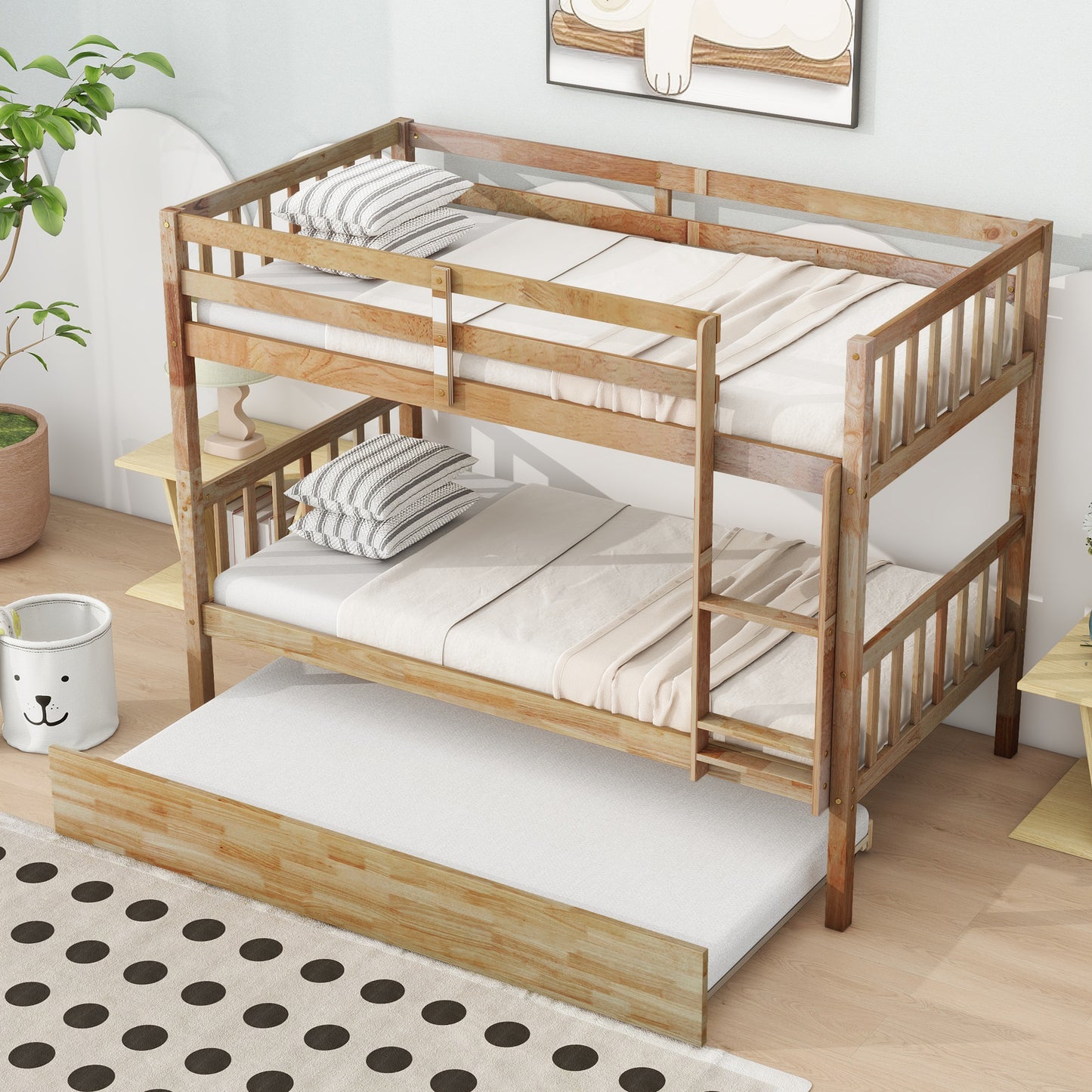 Twin Over Twin Rubber Wood Bunk Bed with Trundle, Convertible into 2 Twin Size Beds, Twin Size Bunk Bed with Ladder and Safety Guardrails,Natural