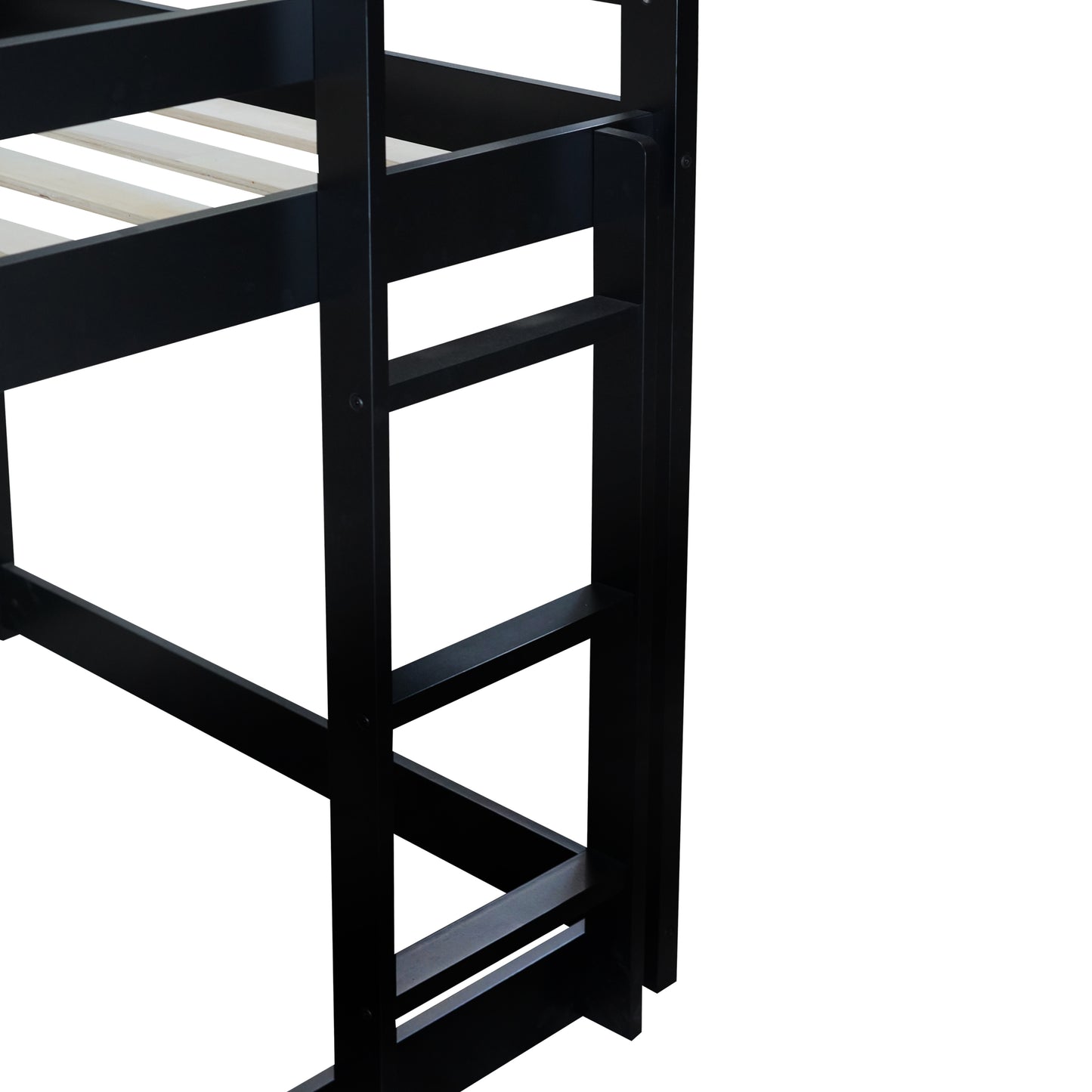 Twin over Twin Rubber Wood Floor Bunk Bed, with ladder,Guardrails,House-Shaped-Bunk Bed, Black