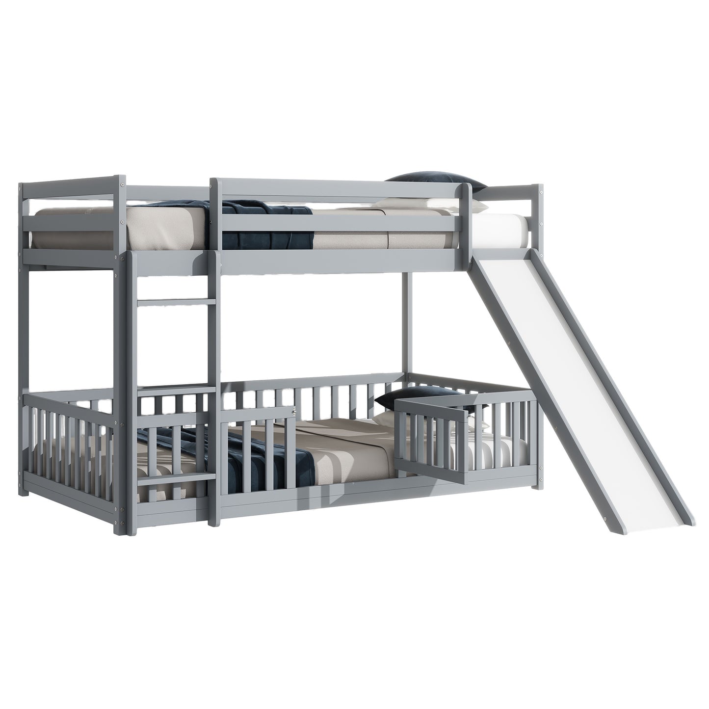 Twin Over Twin Floor Bunk Bed with Slide, Ladder, Door, Safety Guardrails, Solid Pine Wood Bunk Bed ,Grey