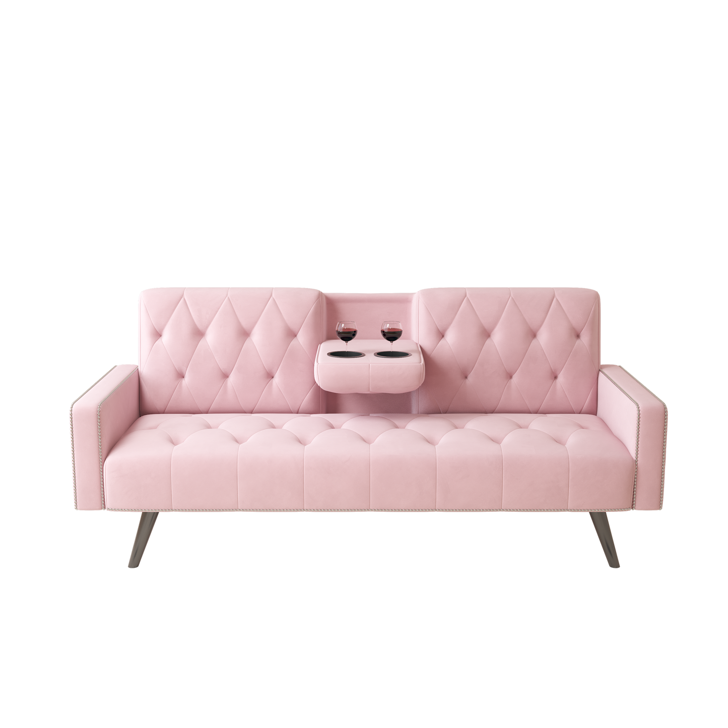 [SantaChoice] 1730 Sofa Bed Armrest with Nail Head Trim with Two Cup Holders 72" Pink Velvet Sofa for Small Spaces