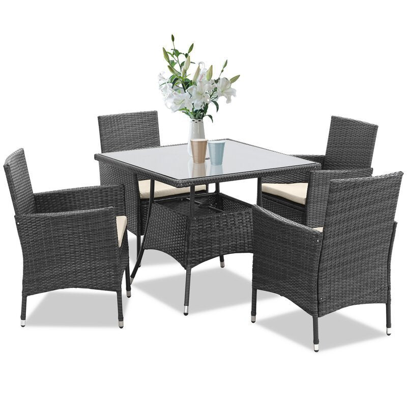 5-Pieces PE Rattan Wicker Patio Dining Set with Grey Cushions