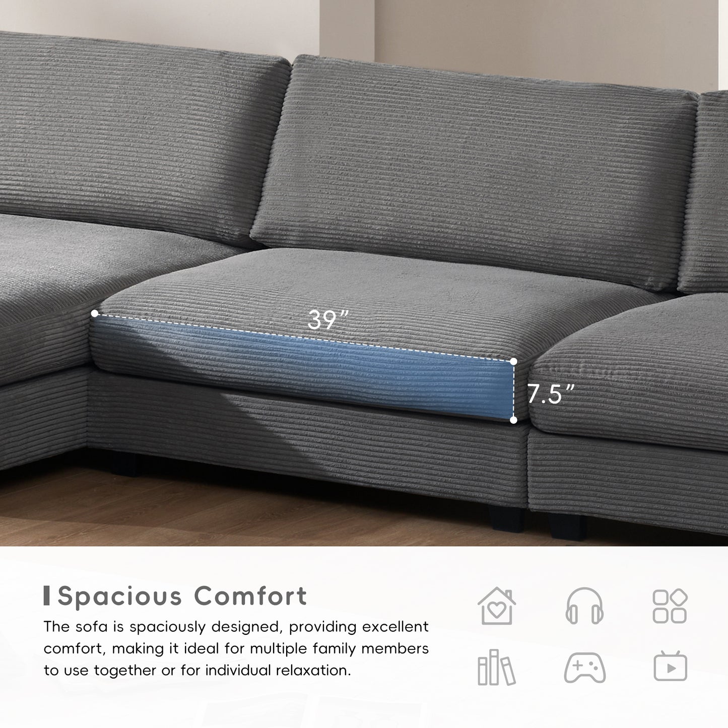 [SantaChoice] 134*54"Oversized Corduroy Sectional Sofa,L Shaped Cloud Couch with USB Charging Port,Cup Holder,Deep Seat Sofa Bed with 50" Chaise,Comfy Indoor Furniture for Living Room,3 Colors