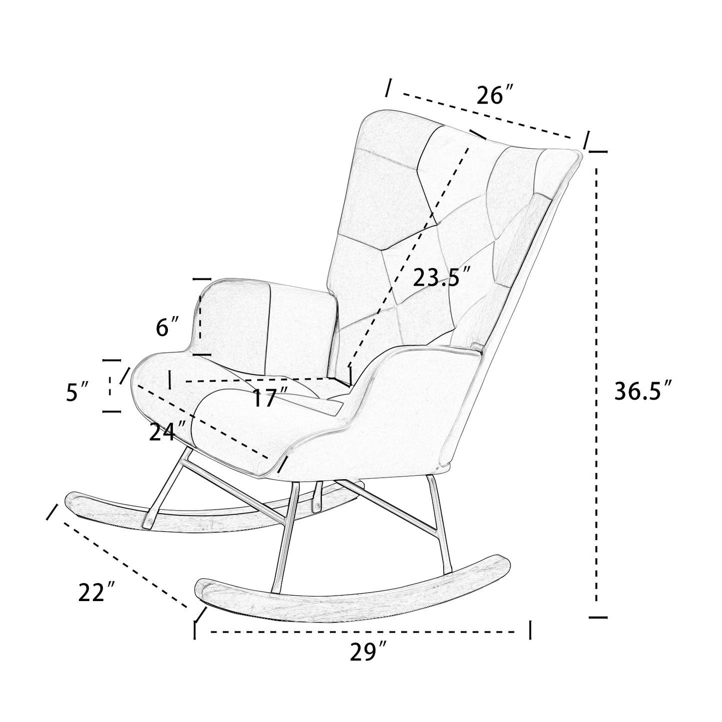 Accent Rocking Chair, Mid Century Fabric Rocker Chair with Wood Legs and Patchwork Linen for Livingroom Bedroom