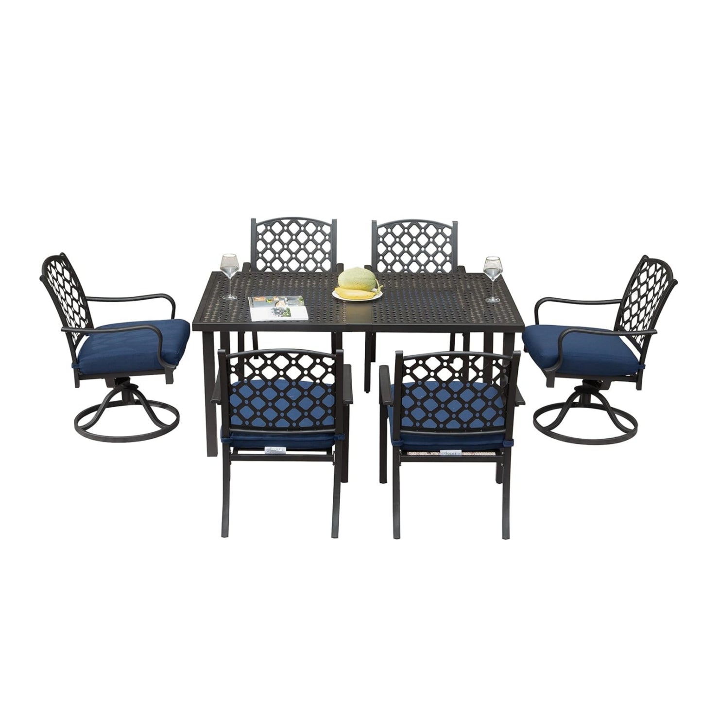 Outdoor 7 pcs Patio Dining Set, Metal Dining Table, Swivel and Dining Chairs Conversation Set with Removable Navy Blue Cushions for Garden Lawn Yard