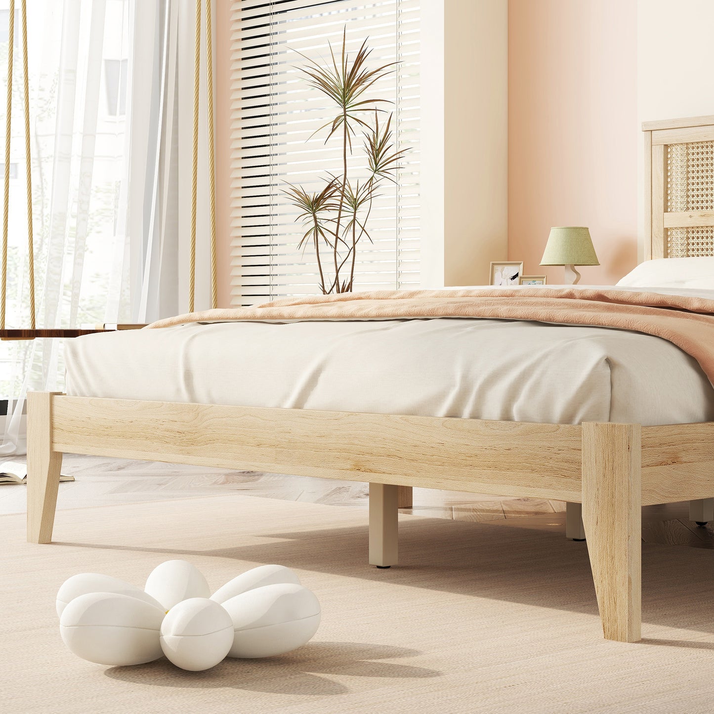 Queen Size Rubber Wooden, Solid Wooden Bed with Rattan Headboard, Enhanced by Support Feet,Oak White