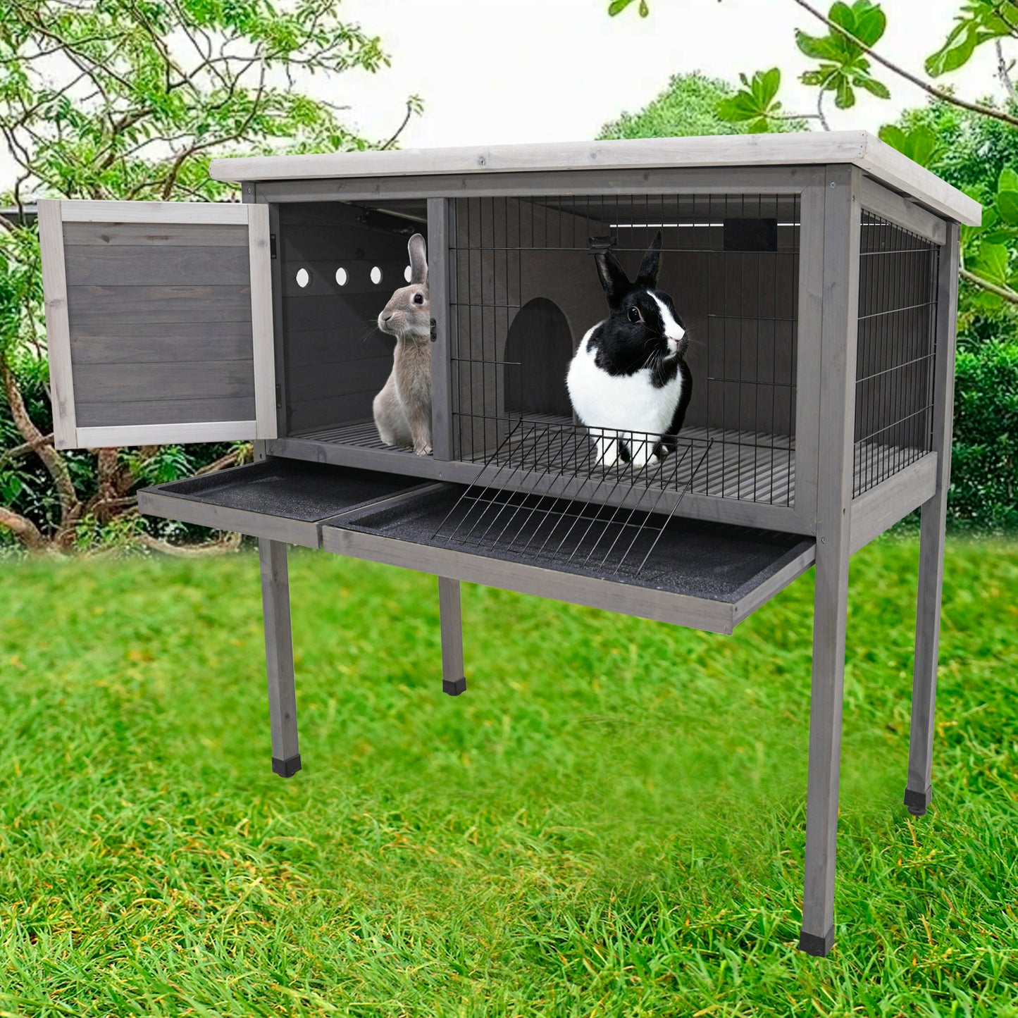 48"Wood Rabbit Hutch, Indoor Outdoor Bunny Cage with Roof and Removable Tray, Chicken Coop with Lockable Door, Guinea Pig Cage, Small Animal Houses & Habitats (Grey