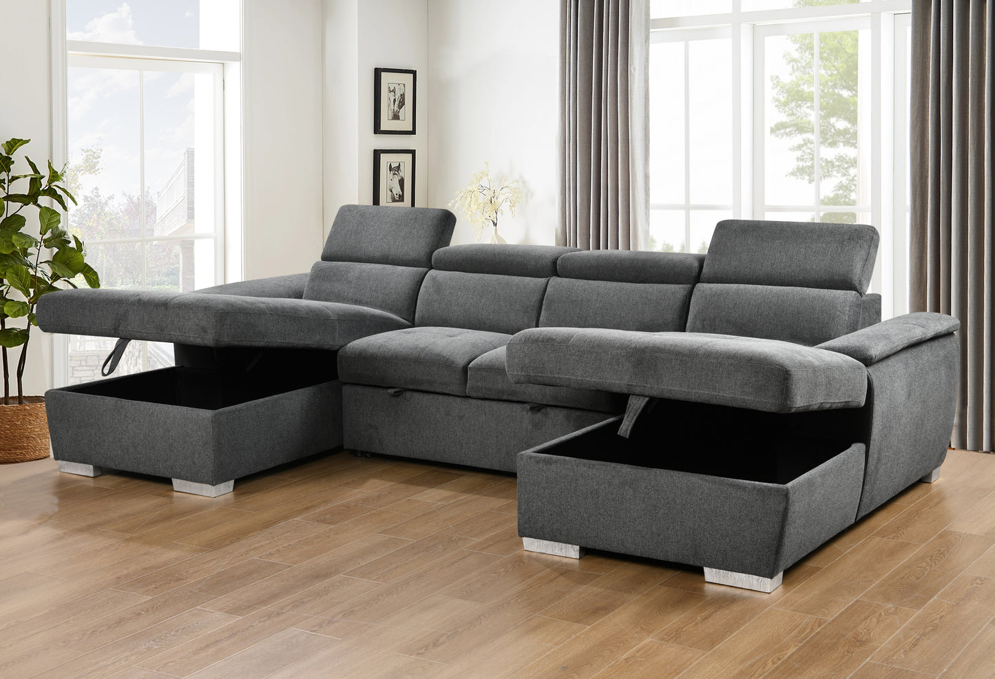 [SantaChoice] U Shaped Sleeper Sofa, 121 inch Overisze - 2 in 1 Pull Out Bed, Sectional Sleeper Sofa with Double Storage Chaise for Living Room Furniture, Dark Grey