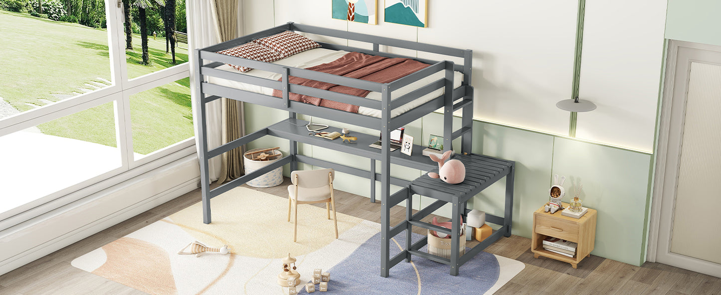 Full Size High Loft Bed with Built-in Desk, Ladder Platform, Ladders, Guardrails ,Grey