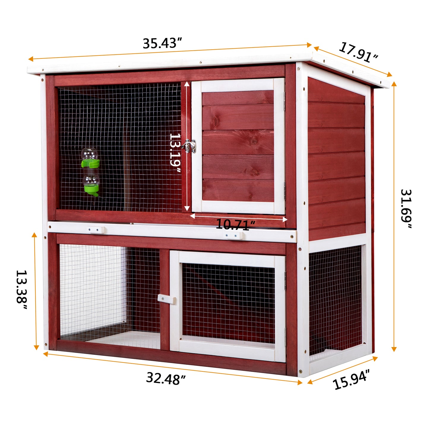 Wood Rabbit Hutch, Pet Playpen with 2 Stories, Ramp, Doors, Pull-out Tray, Water Bottle, Outdoor Enclosure for Small Animals Bunnies, Red and White