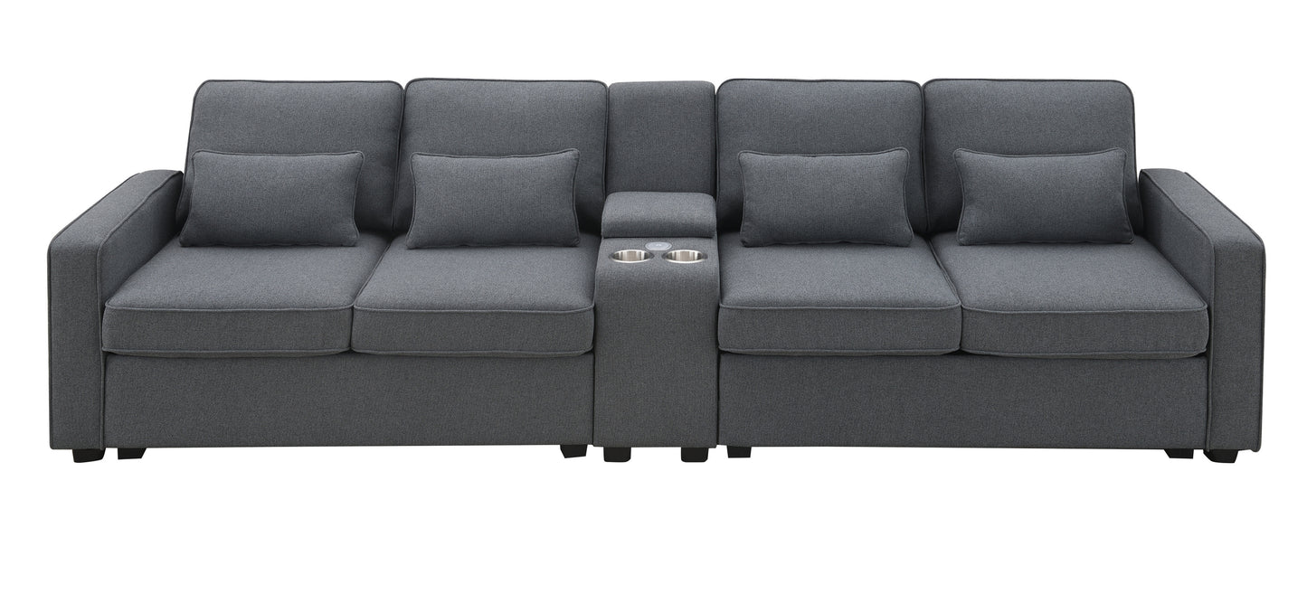 [SantaChoice] 114.2" Upholstered Sofa with Console, 2 Cupholders and 2 USB Ports Wired or Wirelessly Charged, Modern Linen Fabric Couches with 4 Pillows for Living Room, Apartment (4-Seat)