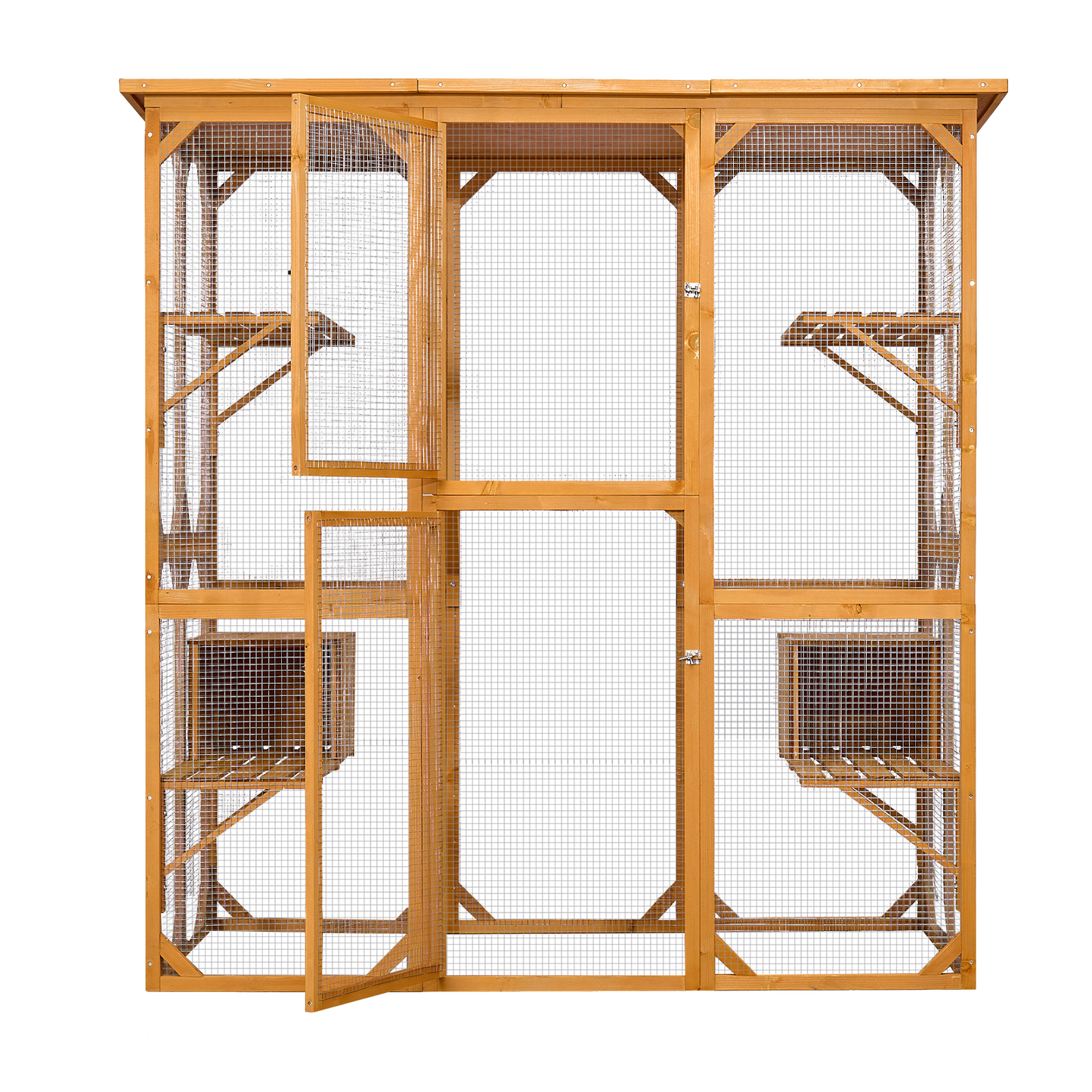 Catio Outdoor Cat Enclosure with Roof 72" Height Cat Wooden House Large Cat Cage with 3 Jumping Platforms and 2 Napping Houses for Cat Activity (Yellow)