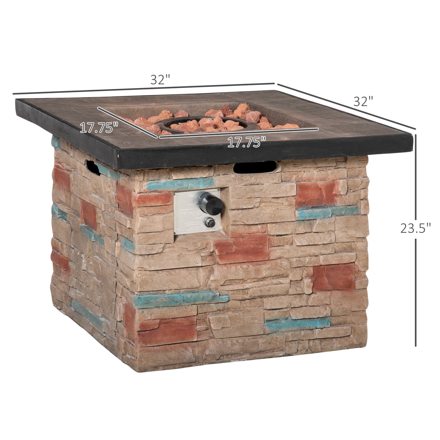 Outsunny 32 Inch Outdoor Propane Gas Fire Pit Table, 50,000 BTU Auto-Ignition Square Faux Ledge Stone Gas Firepit with Lava Rocks and Rain Cover, CSA Certification, Brown