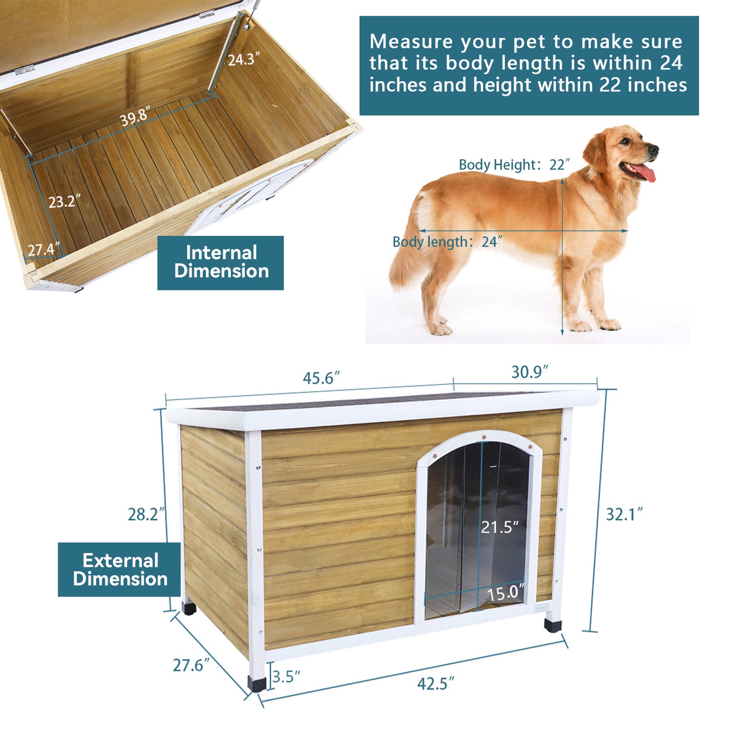 Large Wooden Outdoor Dog House, Waterproof Roof, Elevated Floor, Adjustable Plastic Feet, Yellow