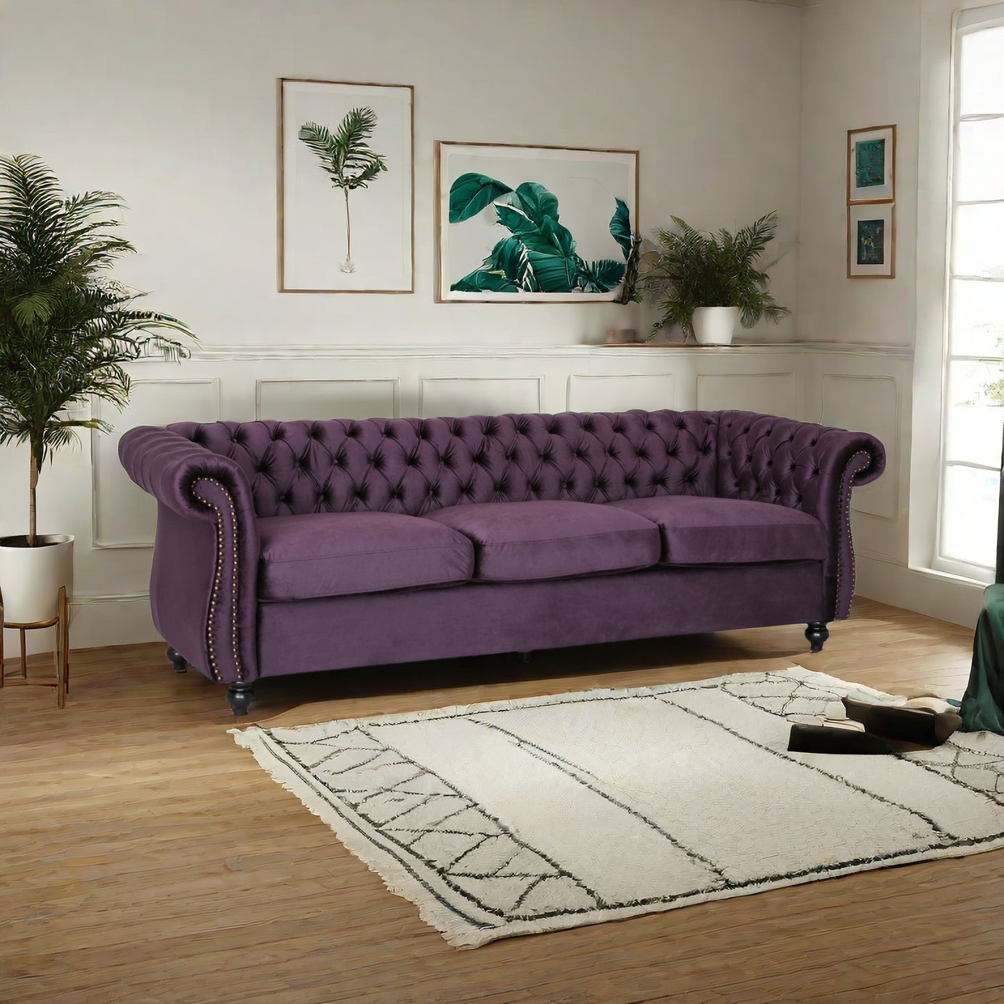 [SantaChoice] Luxurious 3-Seater Purple Velvet Sofa, Featuring a Classic Design with Modern Elegance, Perfect for Adding Sophistication and Style to Any Living Room, Plush Comfort and Durable Craftsmanship