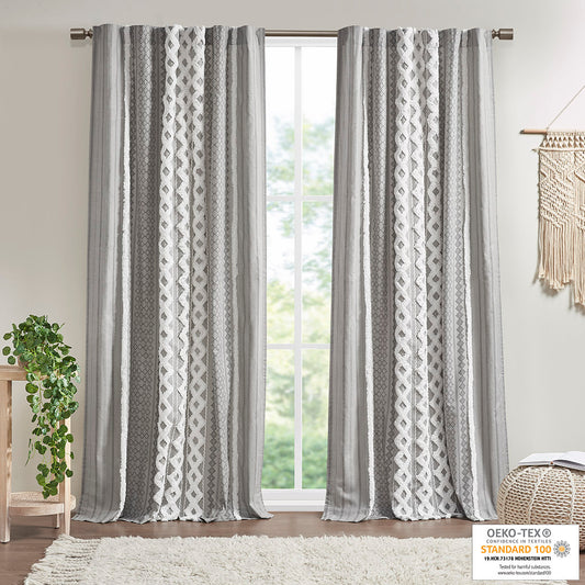 Cotton Printed Curtain Panel with Chenille Stripe and Lining Gray 50x95'