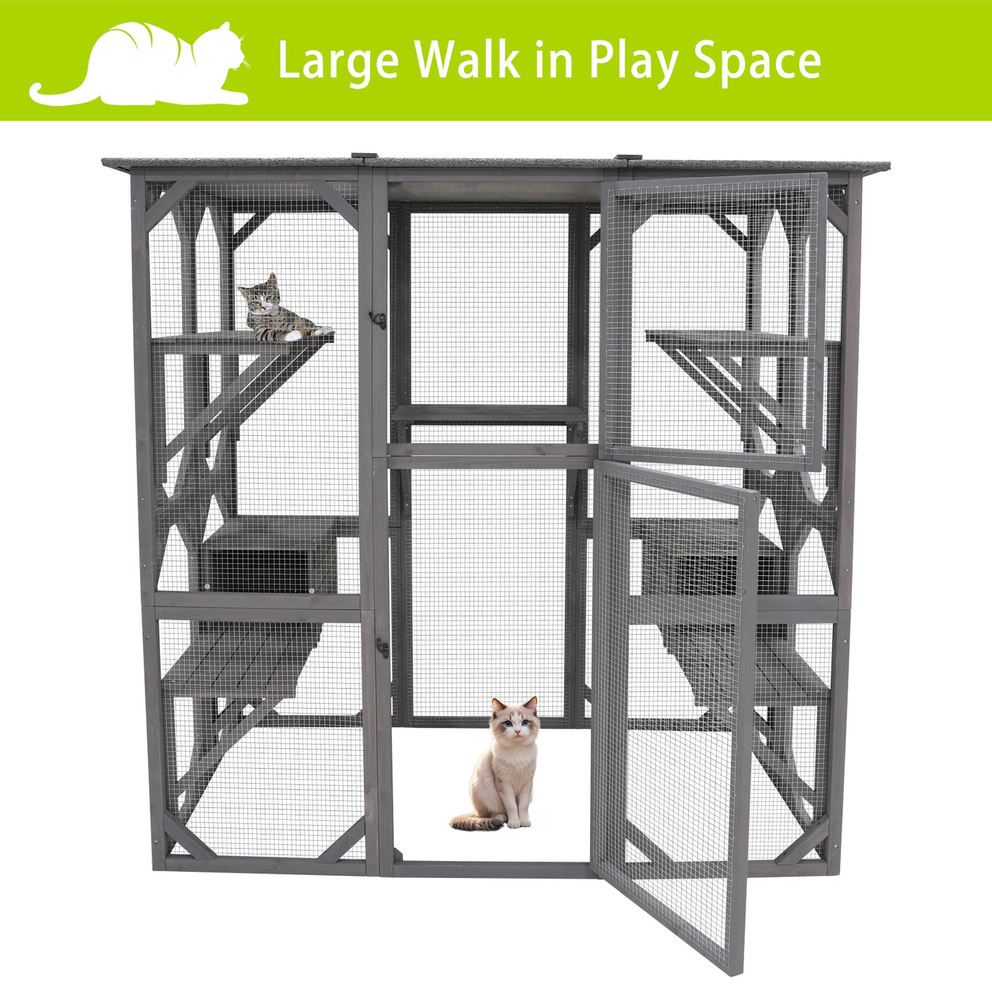 Catio Outdoor Cat Enclosure Cat Catio Cat House, Cat Cage Condo Indoor Playpen Kitty House Shelter with Multi Platforms, Waterproof Roof, Pull-Out Tray (71.3" L x 38.4" W x 70.7" H)