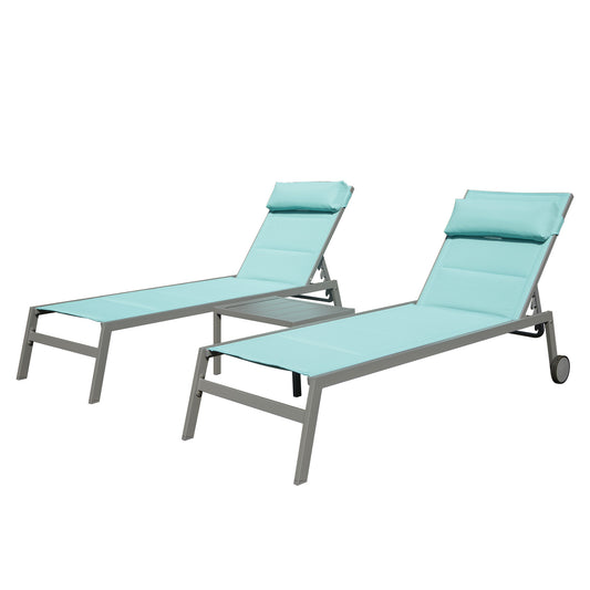 [SantaChoice] Outdoor Patio Chaise Lounge Set of 3, Aluminum Pool Lounge Chairs with and Wheels, Textilene Padded Adjustable Recliner All Weather for Poolside, Beach, Yard, Balcony (Lake Blue)