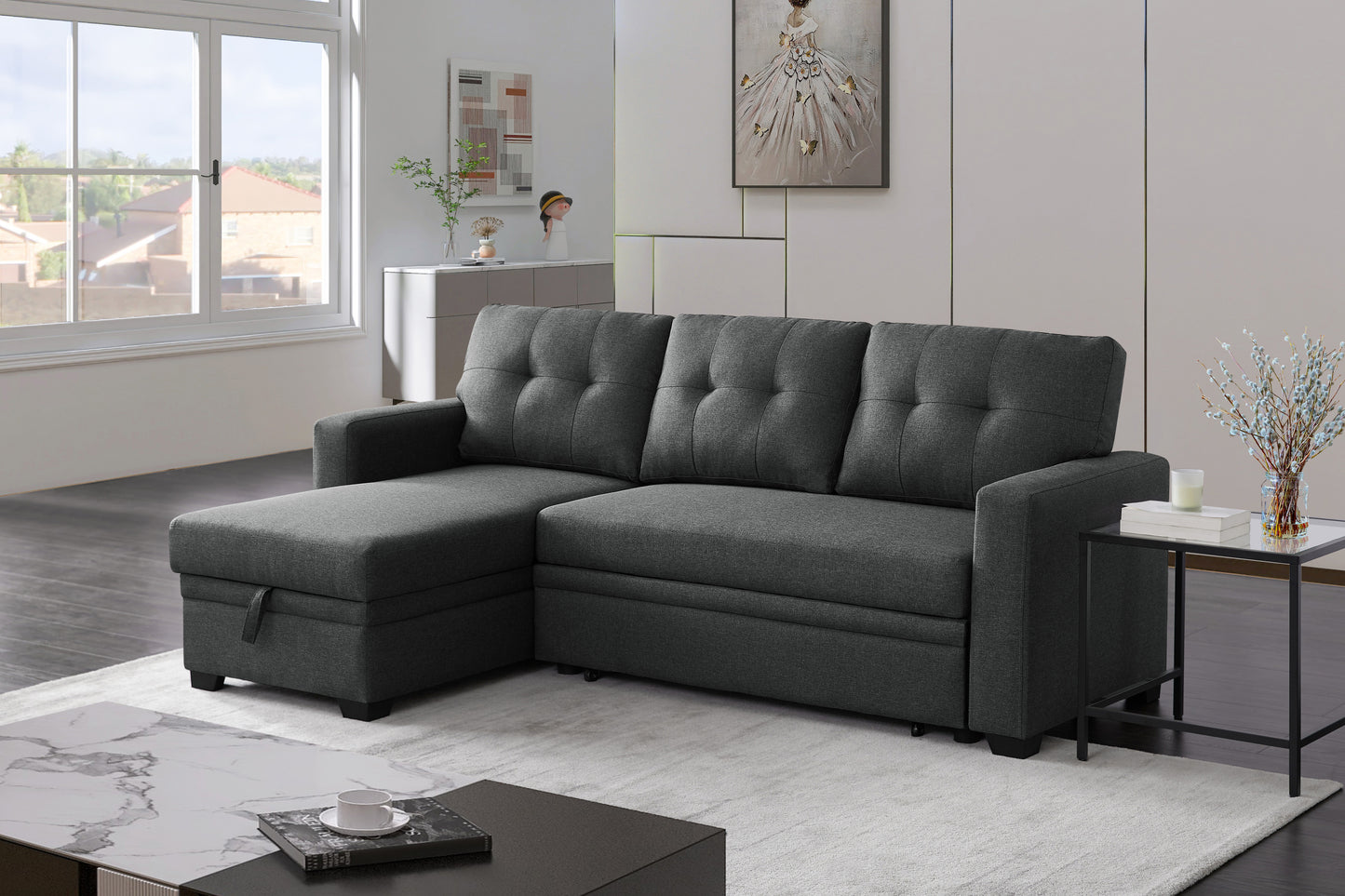 [SantaChoice] Upholstered Pull out Sectional Sofa with Chaise