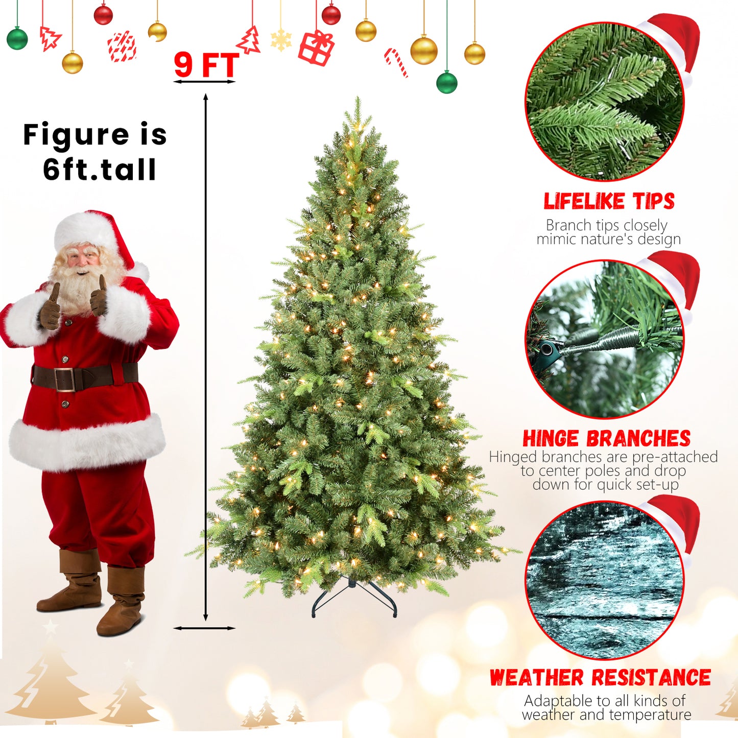 9FT Artificial Christmas Tree with 3509 PE&PVC Mixed Branch Tips, Prelit Hinged Premium Spruce Fake Xmas Trees, Hinged Branch & Foldable Base, Green