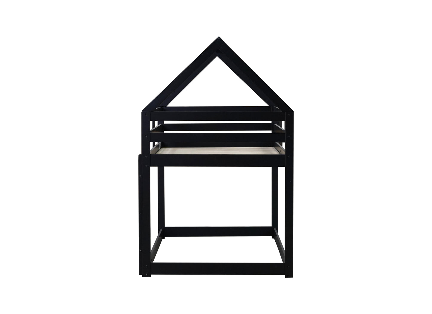 Twin over Twin Rubber Wood Floor Bunk Bed, with ladder,Guardrails,House-Shaped-Bunk Bed, Black