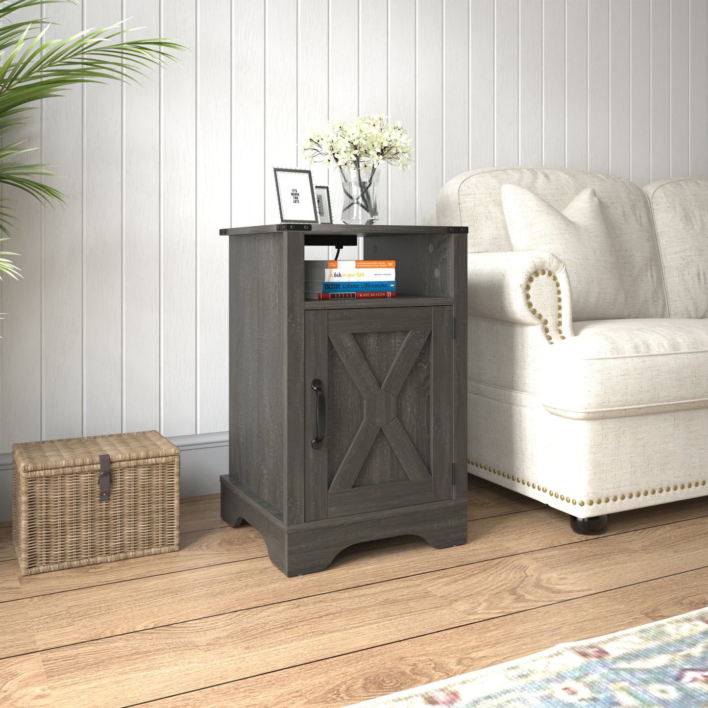 Farmhouse Nightstand Side Table, Wooden Rustic End Table, Tall Bedside Table with Electrical Outlets Charging Station - Dark Gray