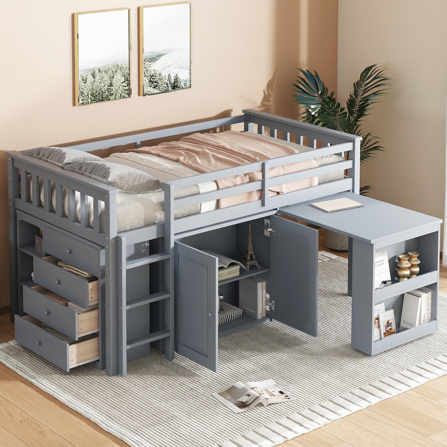 Twin Loft Bed with Storage Cabinet, Drawer and Shelf Cabinet and Pulling-Out Desk, Rubber Wood Loft Bed with Safety Guardrail, Ladder,Grey