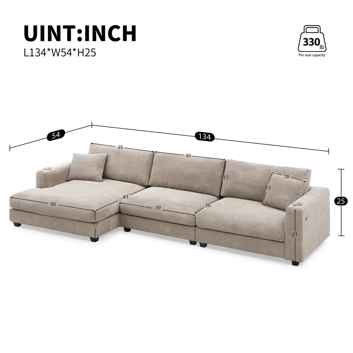 [SantaChoice] 134*54"Oversized Corduroy Sectional Sofa,L Shaped Cloud Couch with USB Charging Port,Cup Holder,Deep Seat Sofa Bed with 50" Chaise,Comfy Indoor Furniture for Living Room,3 Colors