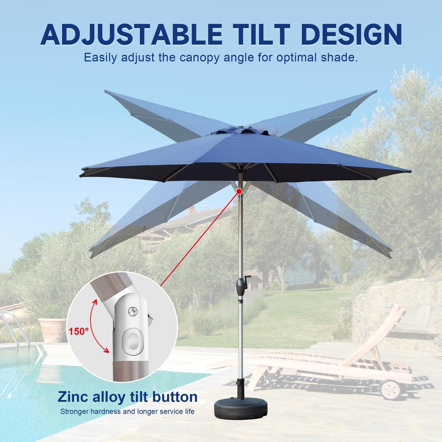 [SantaChoice] 9FT Patio Umbrella, Outdoor Table Umbrella with Push Button Tilt and Crank, UV Protection Waterproof Market Sun Umbrella with 8 Sturdy Ribs for Garden, Deck, Backyard, Pool (Navy Blue)