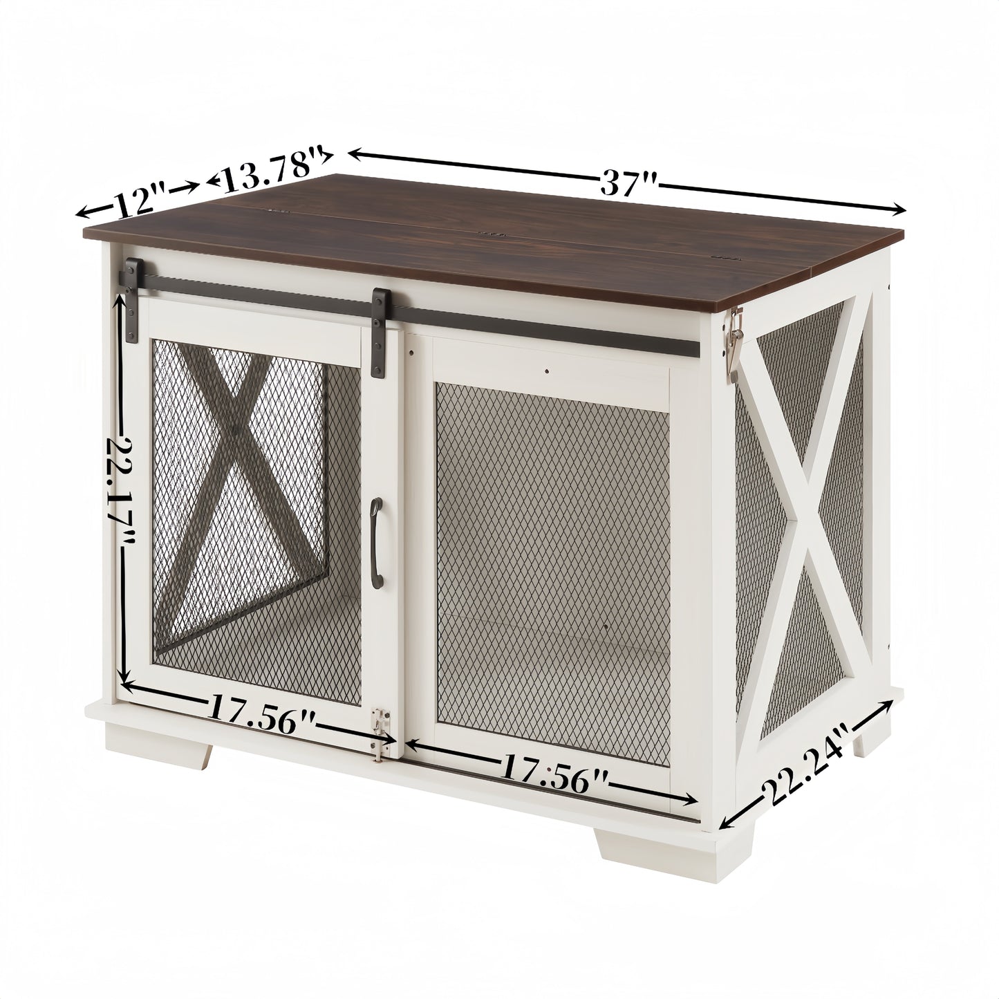 Farmhouse Dog Cage Crate Furniture with Sliding Barn Door,  Farmhouse Wooden Dog Kennel End Table with Flip-top Plate Dog House with Detachable Divider for Small/Medium/Large Dog White