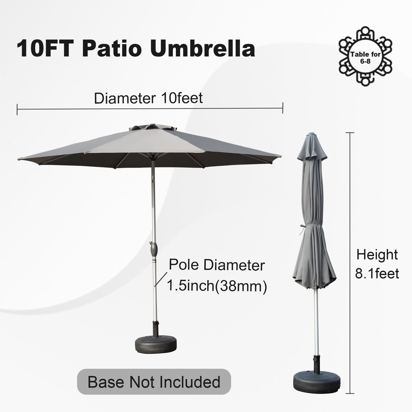 10FT Patio Umbrella, Outdoor Table Umbrella with Push Button Tilt and Crank, UV Protection Waterproof Market Sun Umbrella with 8 Sturdy Ribs for Garden, Deck, Backyard, Pool (Gray)