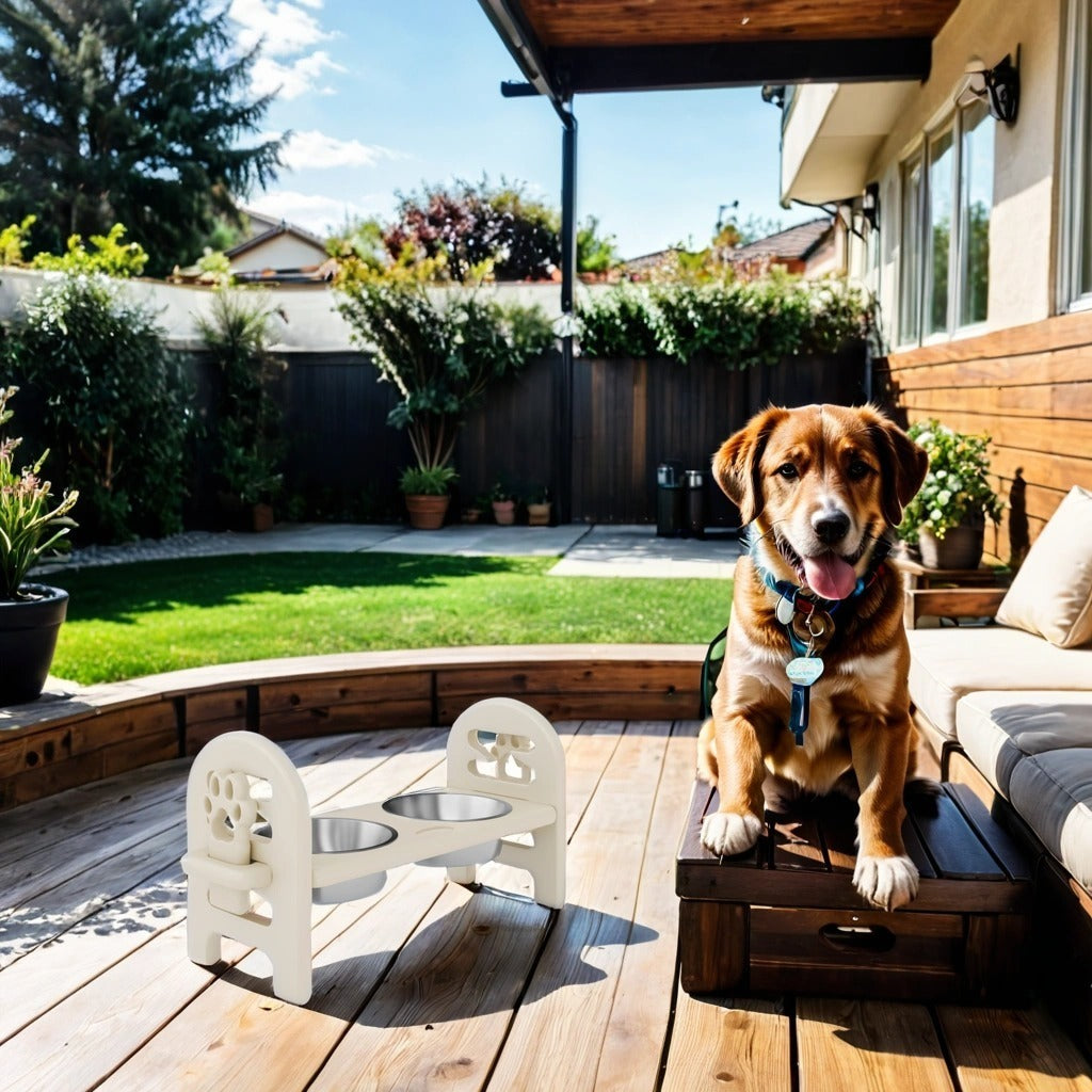 Beige Adjustable Pet Bowl Travel Ready HDPE Durable Poly Lumber Recycled