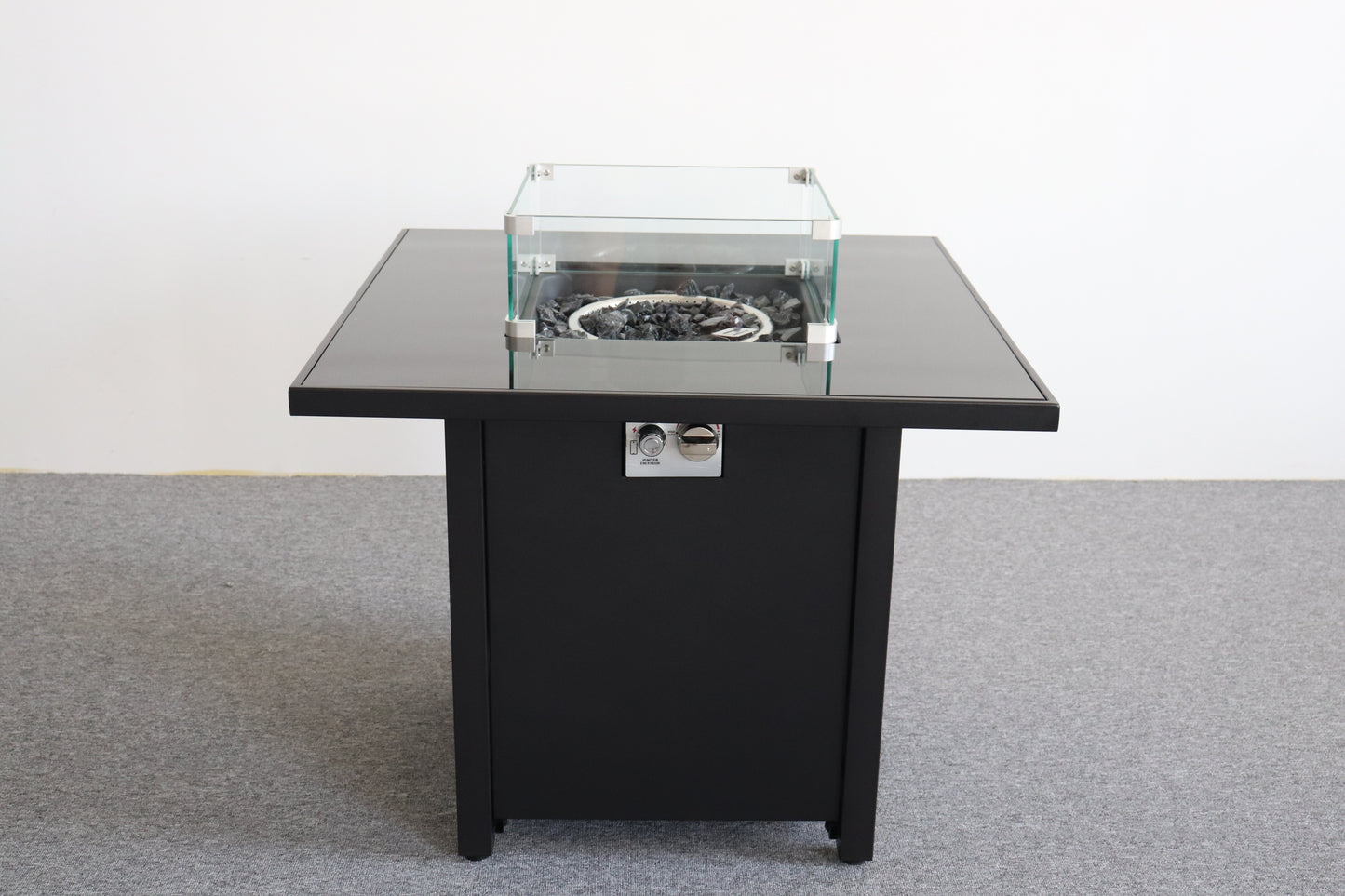 30" Black Powder-Coated Metal Fire Pit with Smoked Glass Top