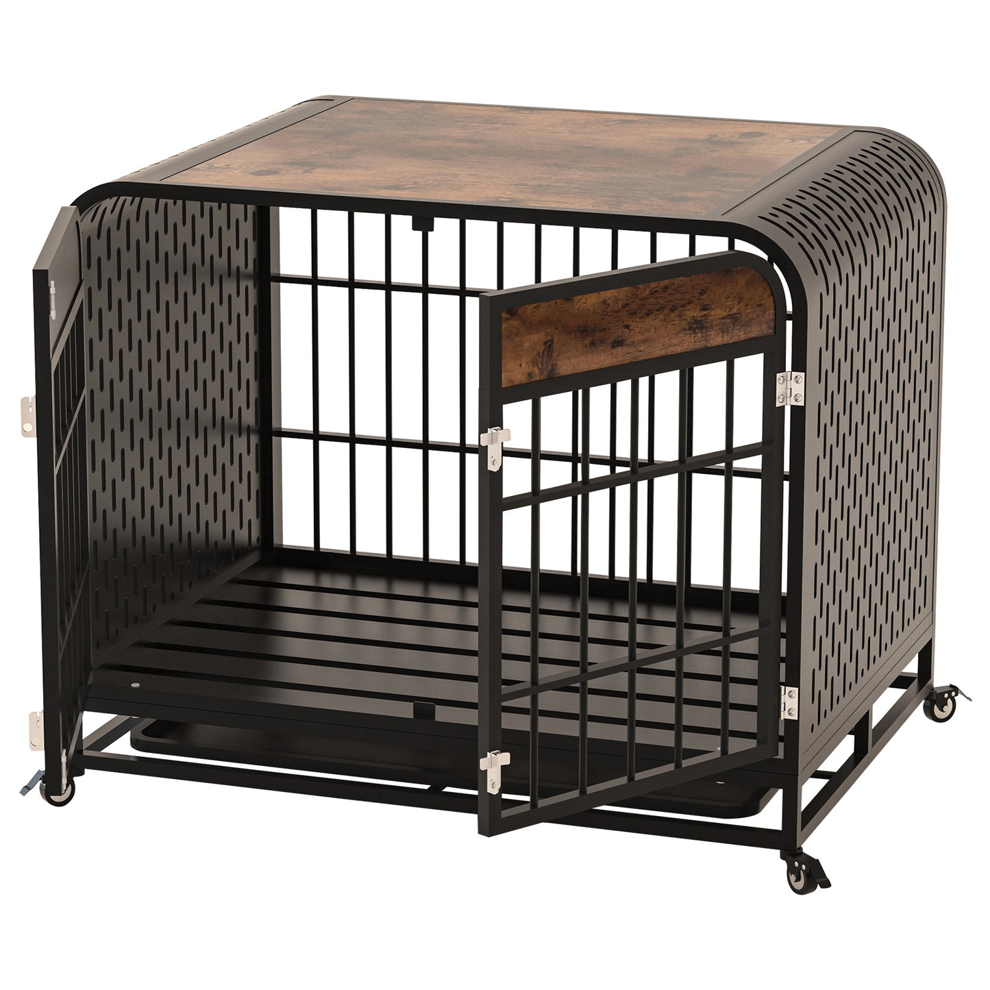 Heavy Duty Dog Crate Furniture Wooden Table Pet Dog Cage Kennel House Indoor Side End Table Decor with Removable Trays and Lockable Wheels for Small Dogs 33" Brown