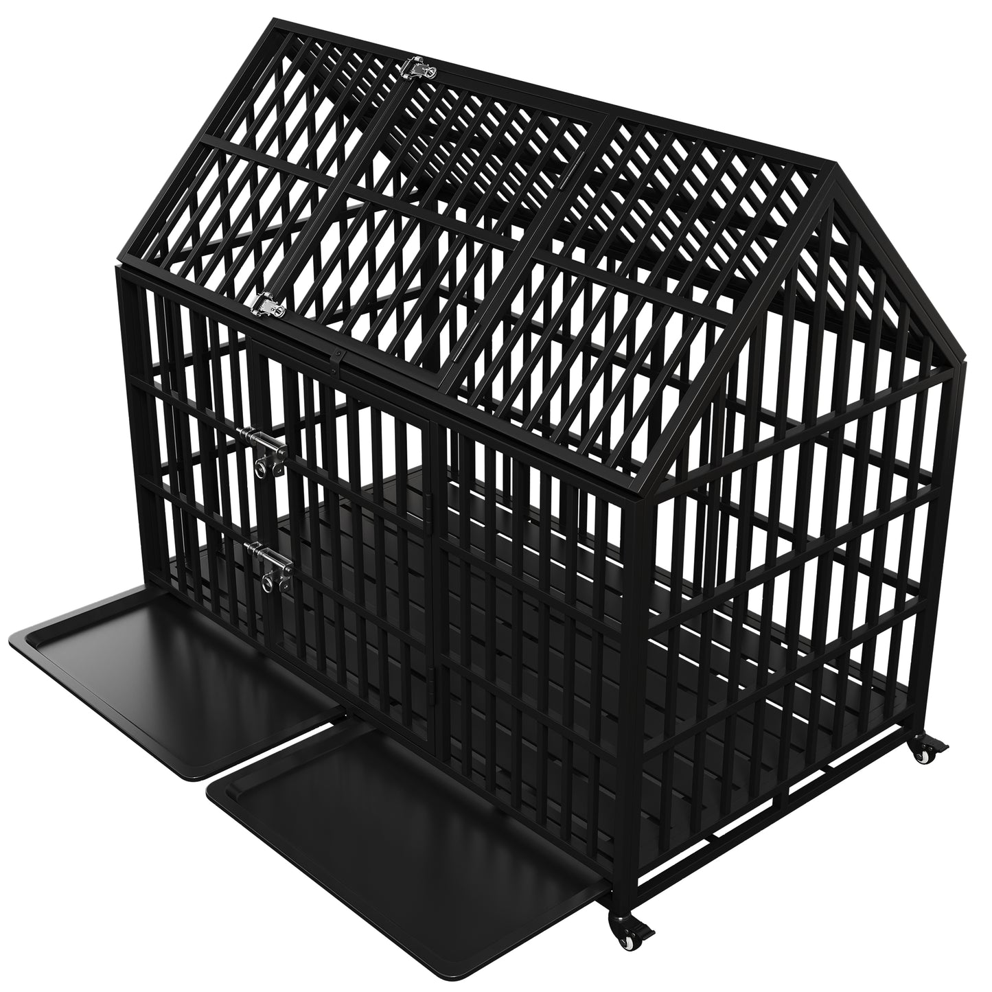 54" Heavy Duty Dog Crate Large Dog cage Strong Metal Dog Kennels and Crates for Large Dogs Top Open with 2 Doors 4 Lockable Wheels 2 Removable Trays