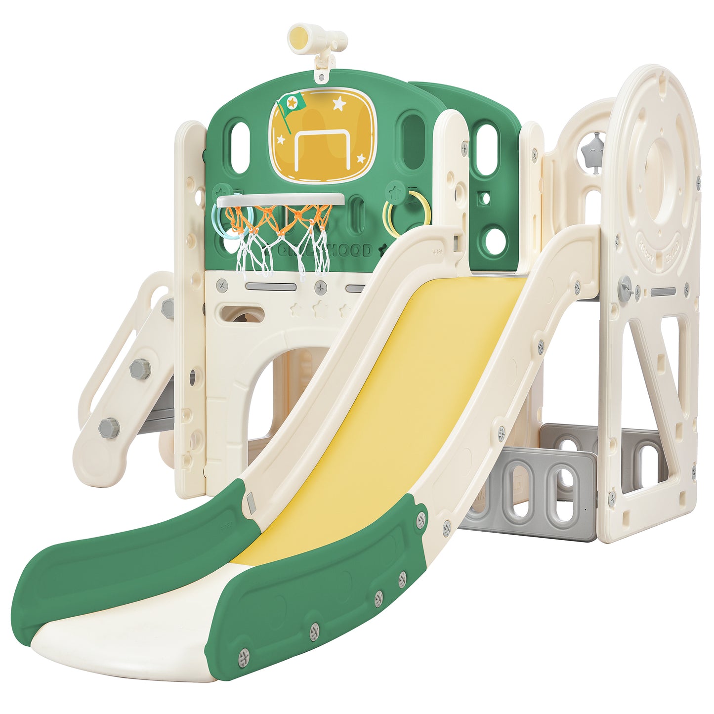 Kids Slide Playset Structure, Freestanding Castle Climbing Crawling Playhouse with Slide, Arch Tunnel, Ring Toss, and Basketball Hoop, Toy Storage Organizer for Toddlers, Kids Climbers Playground