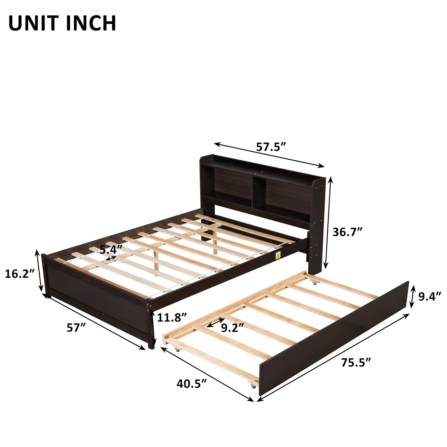 Full Bed with Trundle,Bookcase,Espresso