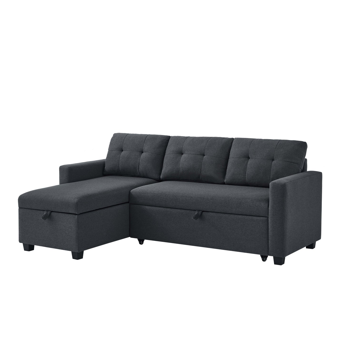 [SantaChoice] Upholstered Pull Out Sectional Sofa with Storage Chaise, Convertible Corner Couch, Dark Grey