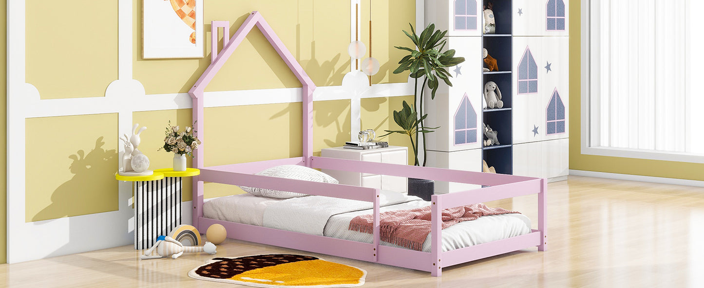 Twin Size Wood bed with House-shaped Headboard Floor bed with Fences,Pink