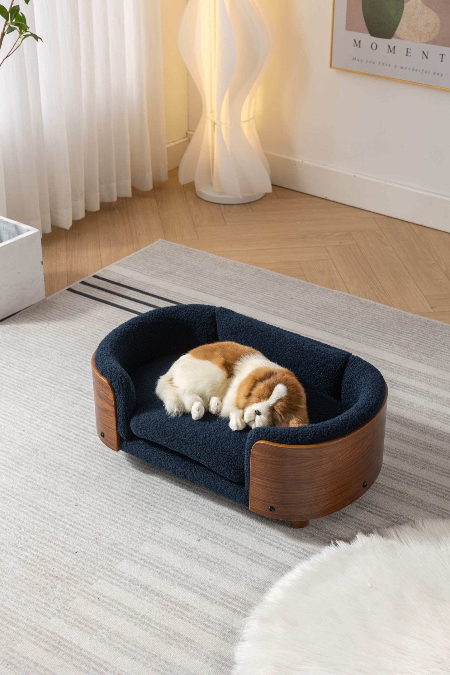 Scandinavian style Elevated Dog Bed Pet Sofa With Solid Wood legs and Walnut Bent Wood Back,  Cashmere Cushion,Small Size