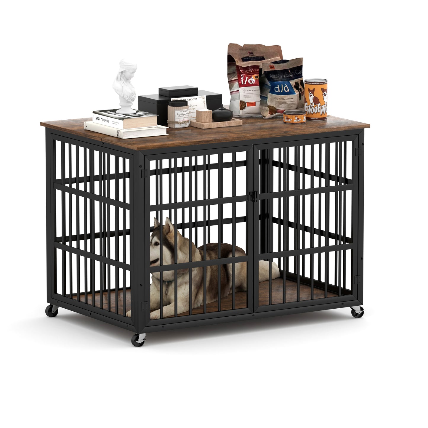 Furniture style dog crate wrought iron frame door with side openings, Rustic Brown, 43.3''W x 29.9''D x 33.5''H.