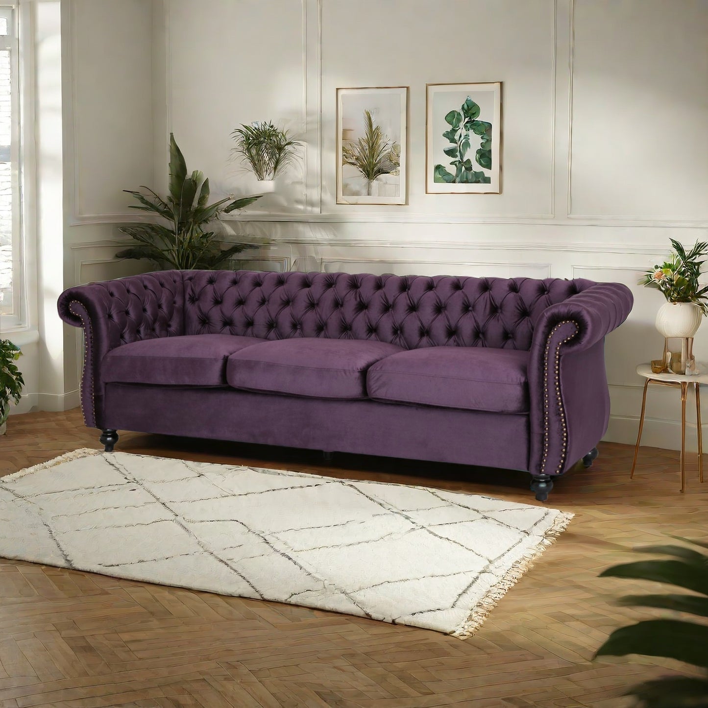 [SantaChoice] Luxurious 3-Seater Purple Velvet Sofa, Featuring a Classic Design with Modern Elegance, Perfect for Adding Sophistication and Style to Any Living Room, Plush Comfort and Durable Craftsmanship