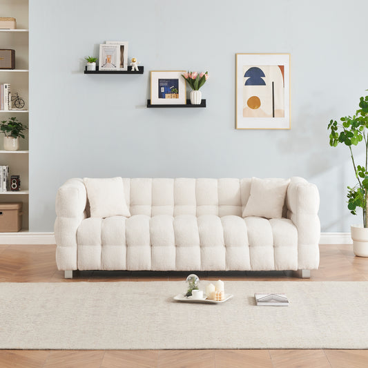 [SantaChoice] Sophisticated Comfort: Beige White Teddy Plush Sofa - 80 Inch, Perfect for Living Room or Bedroom, Includes Two Throw Pillows and Heavy-Duty Hardware Foot Support