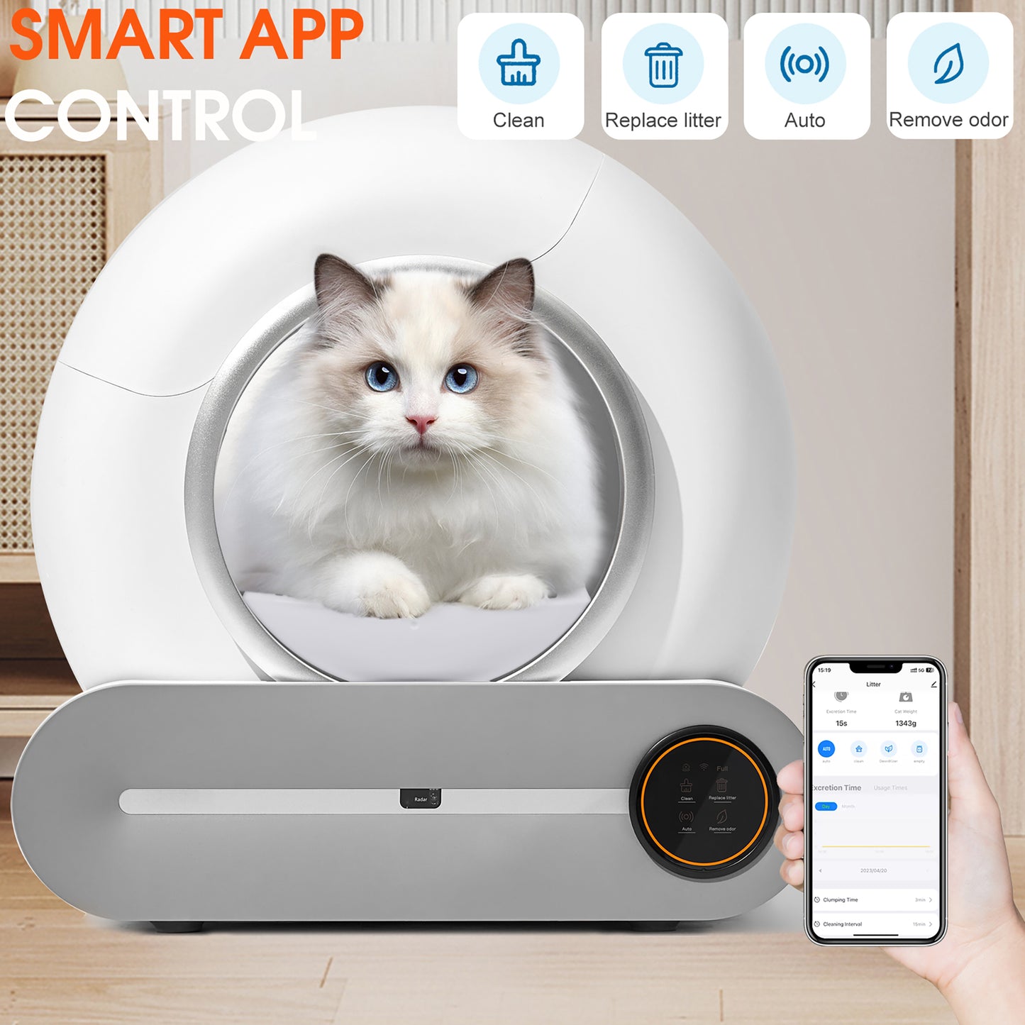 Self-Cleaning Cat Litter Box, Automatic Scooping and Odor Removal, App Control Support 2.4G WiFi, Smart Automatic Cat Litter Box with Liner