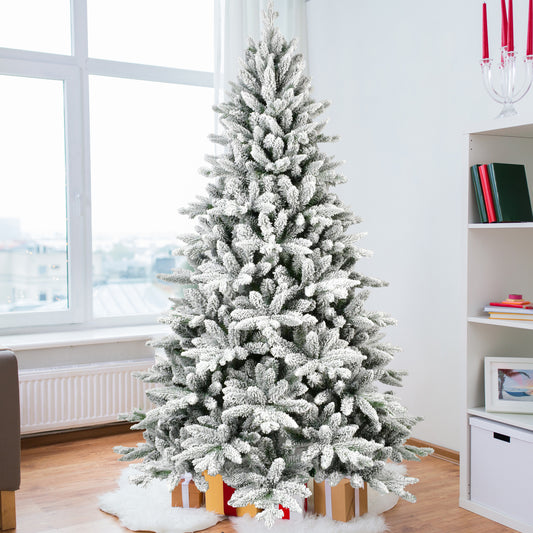 7FT PE & PVC Flocked Artificial Christmas Tree, With 1514 branch tips and metal stand, Foldable Fake Tree with Realistic Snowy Foliage for Home Decoration