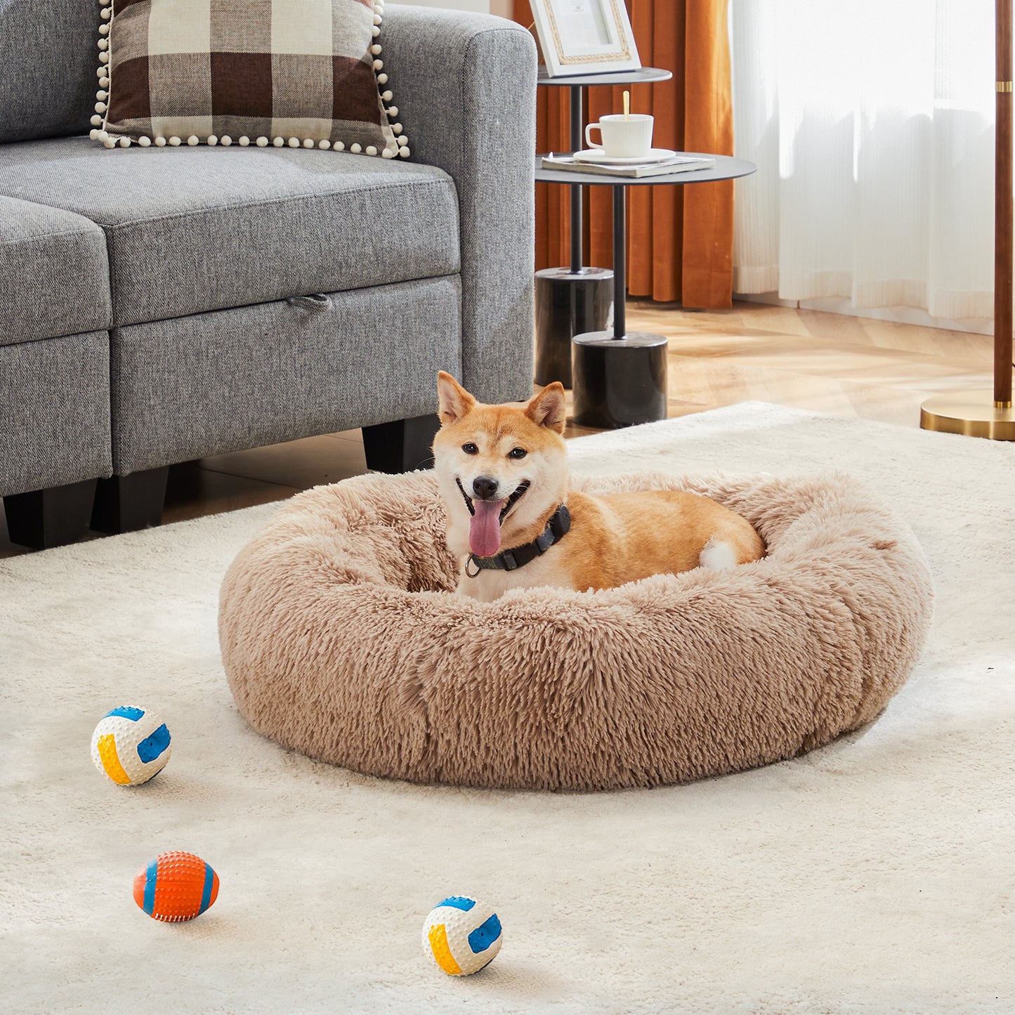 Anti-Slip Round Fluffy Plush Faux Fur Cat Bed, large  Brown