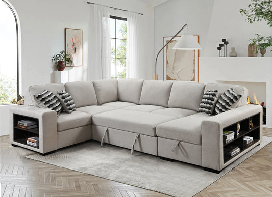 [SantaChoice] 125'' Modern U Shaped 7 Seat Sectional Sofa Couch with Cabinet,Sofa Bed with Storage Chaise-Pull Out Couch Bed for Living Room,Beige