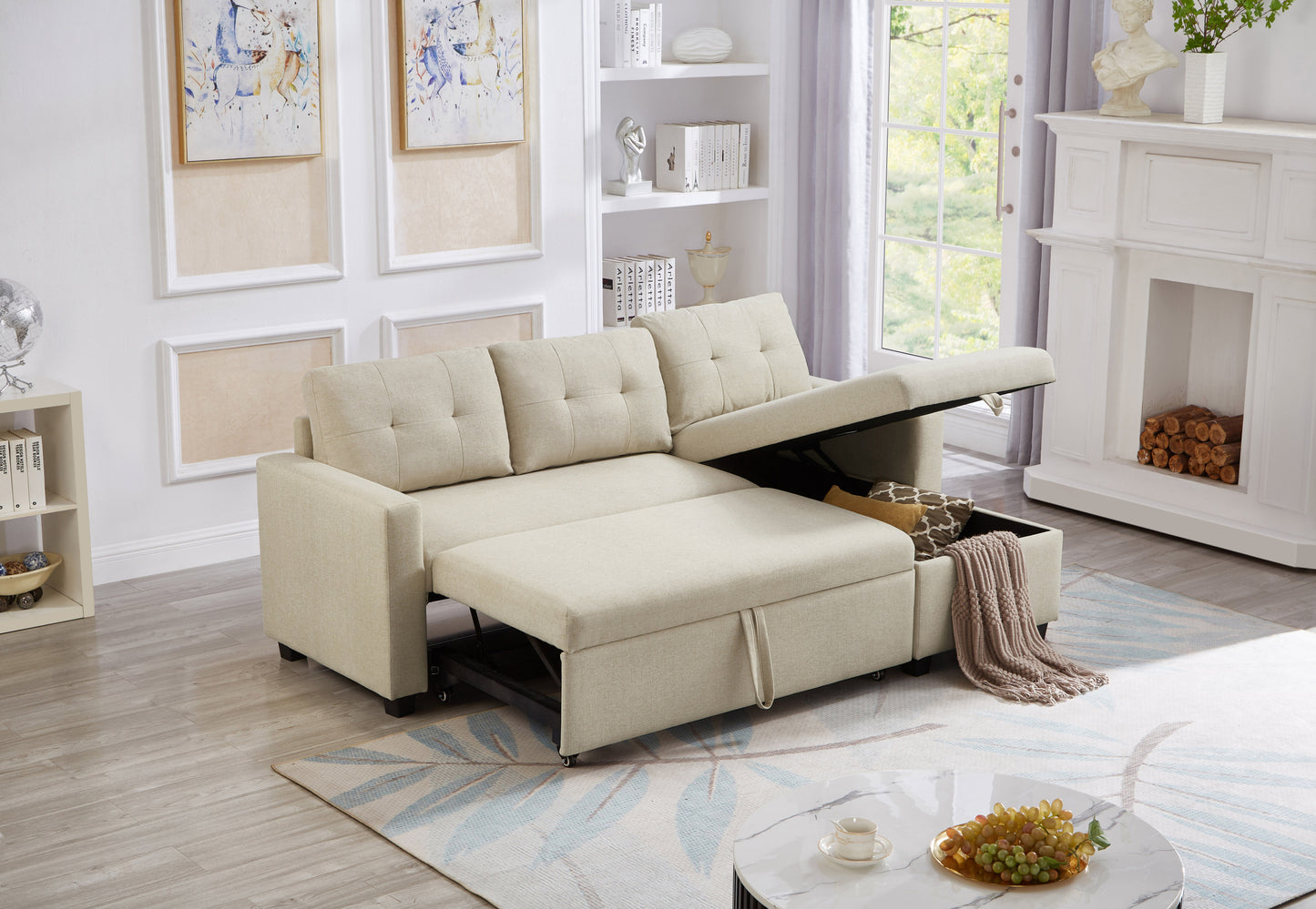 [SantaChoice] Upholstered Pull Out Sectional Sofa with Storage Chaise, Convertible Corner Couch, Beige