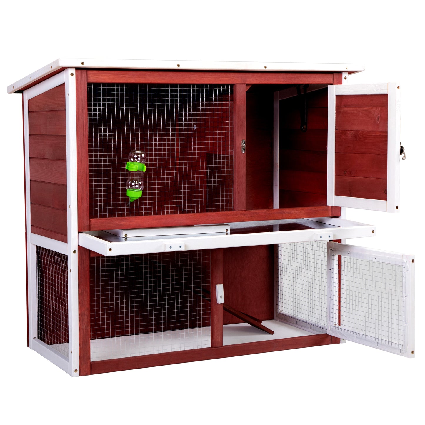 Wood Rabbit Hutch, Pet Playpen with 2 Stories, Ramp, Doors, Pull-out Tray, Water Bottle, Outdoor Enclosure for Small Animals Bunnies, Red and White